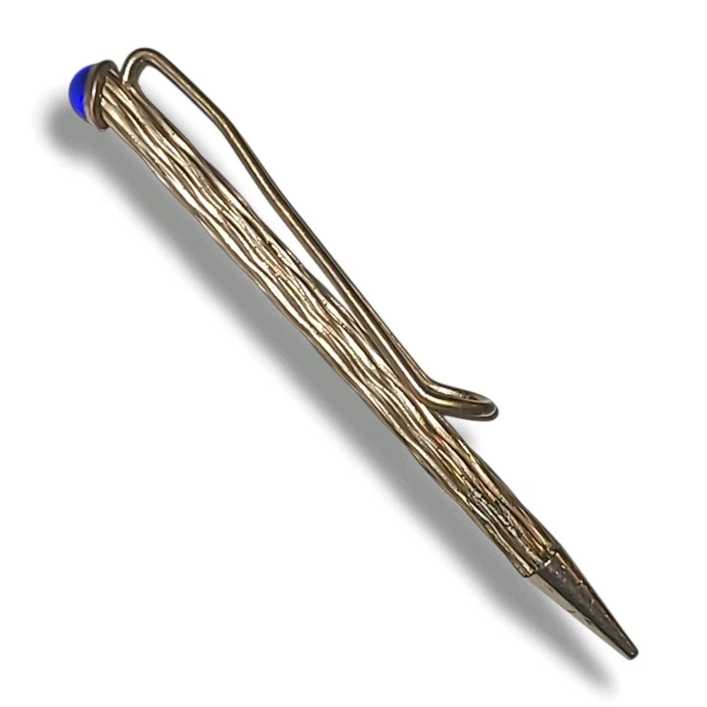Vintage Gold Tone Mechanical Pencil Blue Cabochon Textured Pocket Clip 3.5